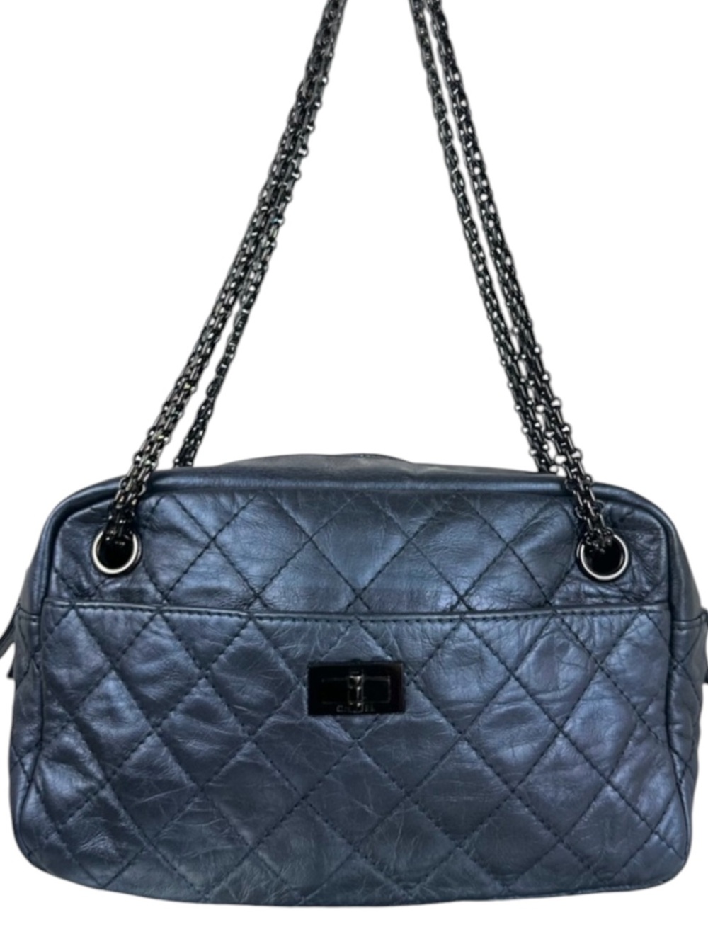 Chanel Reissue 2.55 Medium Metallic Blue Leather Flap Bag So Black Hardware